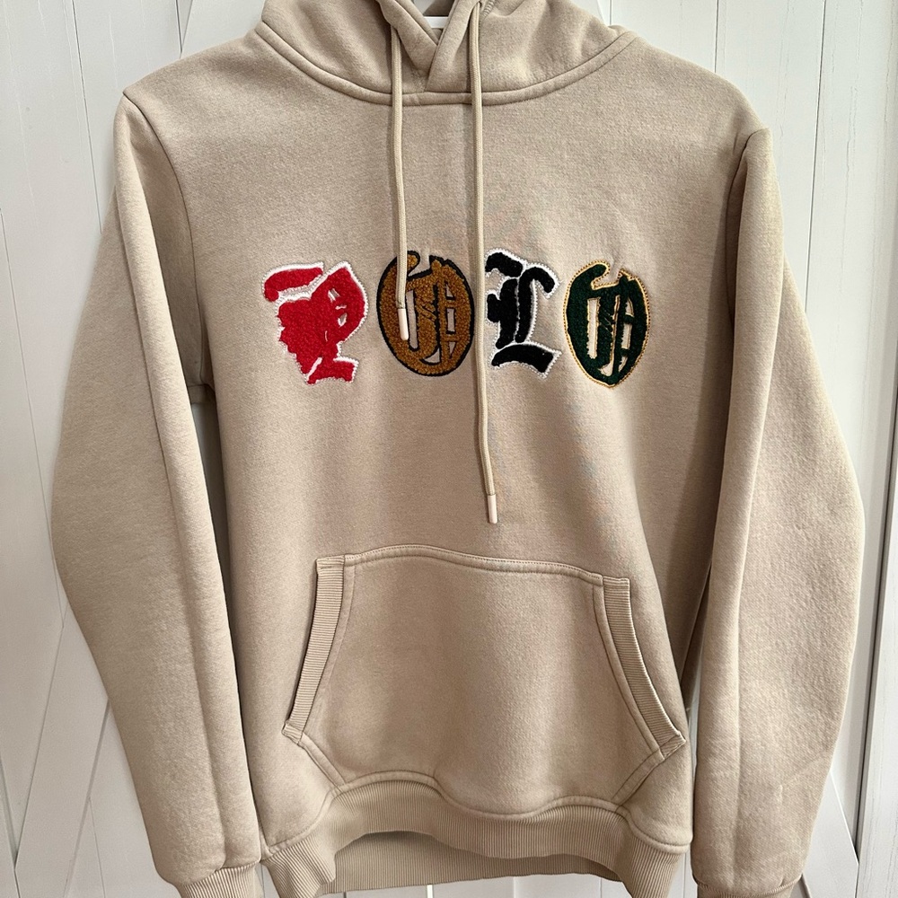 Ralph Lauren Beige Hoodie with Red, Gold, Black and Green Crest Patches